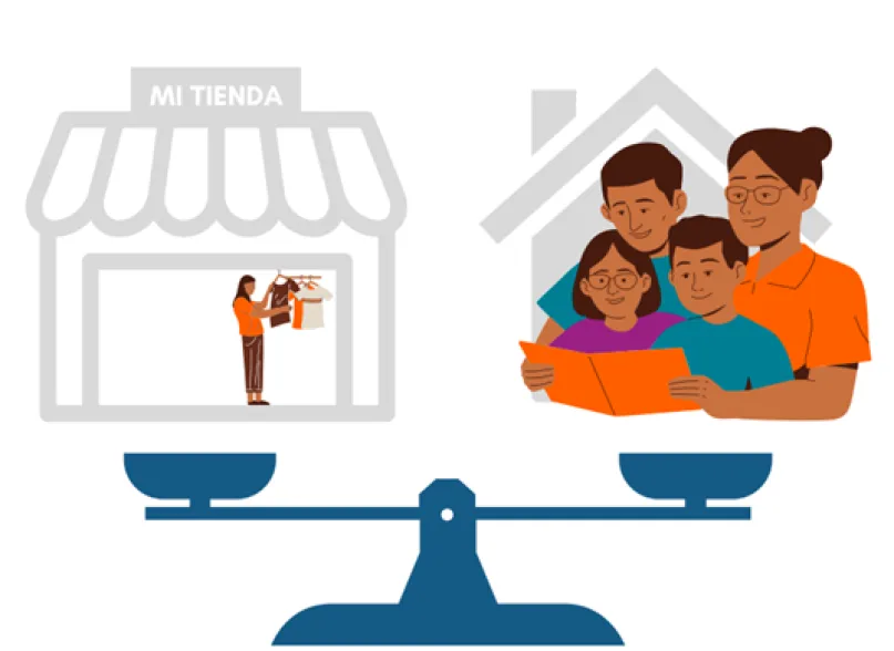 Gráficos padre y madre con dos niños y mujer en una tienda, sobre una balanza.