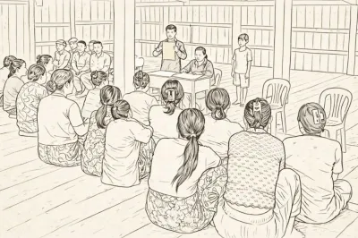 Line drawing of a group of women and men sitting on floor in wood-slat building.