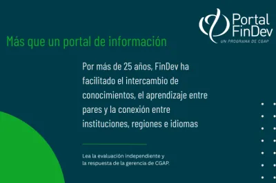 Tarjeta gráfica con elementos de diseño y mensajes clave de la evaluación independiente de FinDev.