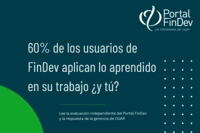 Tarjeta gráfica con elementos de diseño y mensajes clave de la evaluación independiente de FinDev.