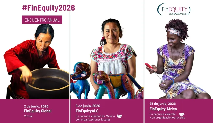 Banner del Encuentro Anual FinEquity 2026 con una imagen de tres mujeres y texto.